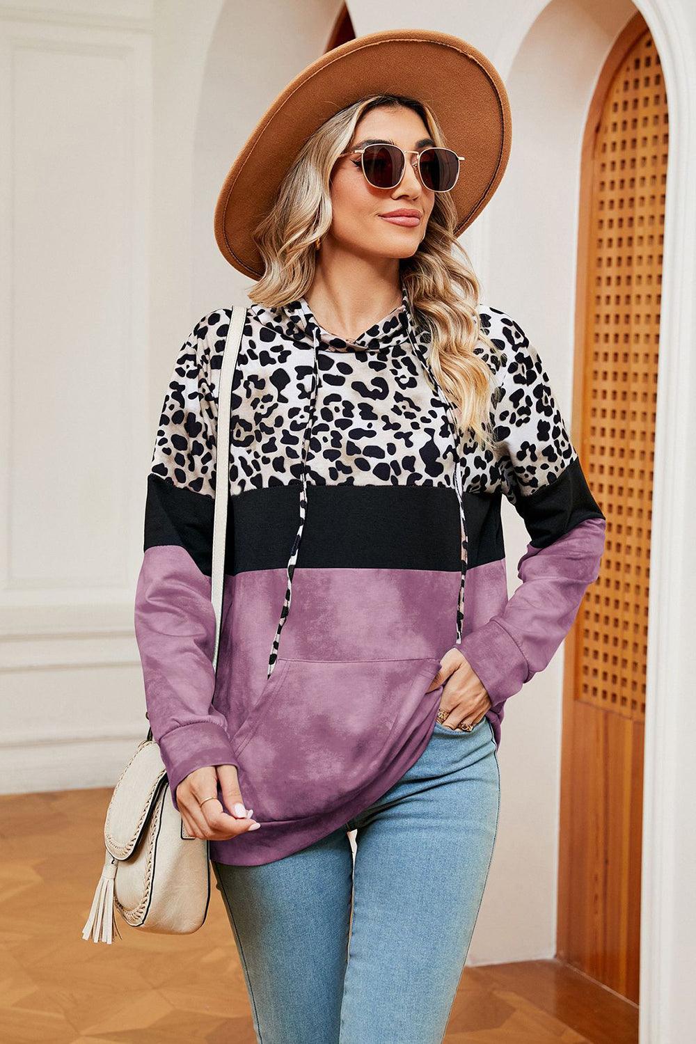 Leopard Drawstring Hoodie with Pocket