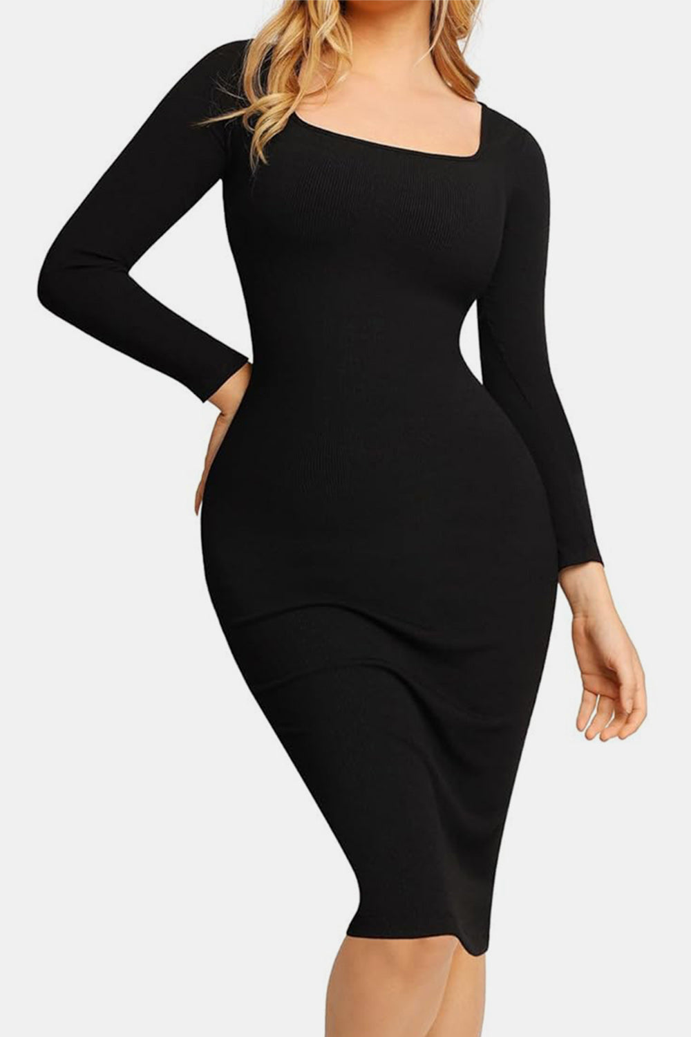 Full Size Built-In Shapewear Square Neck Long Sleeve Dress