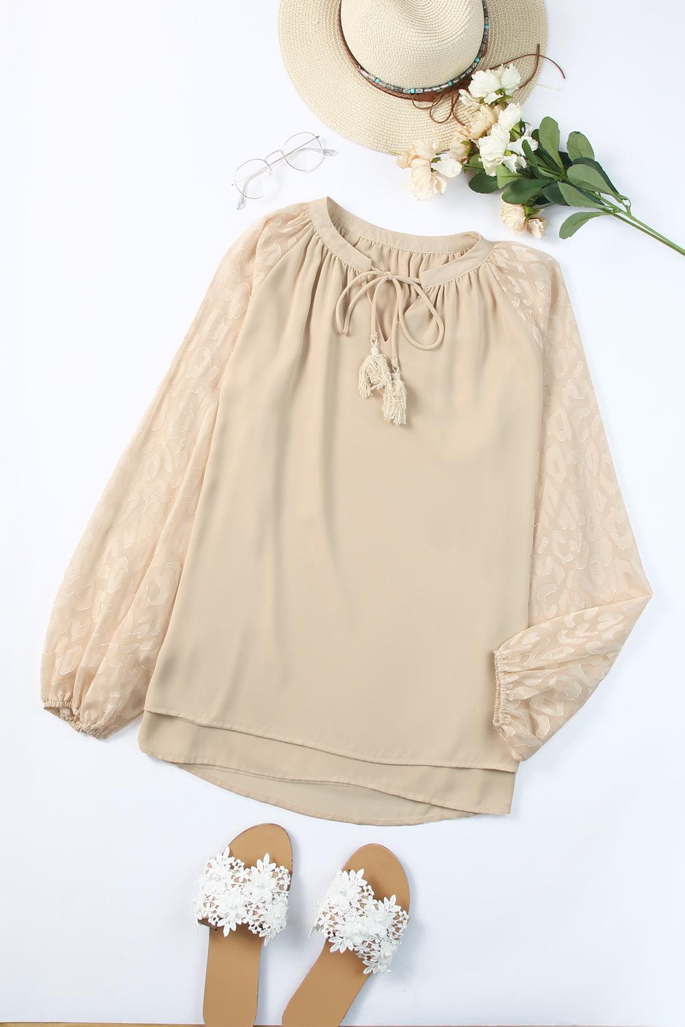 Tassel Tie Neck Long Sleeve Blouse - PD SECRET REALM