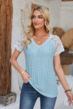 Eyelet V-Neck Lace Short Sleeve T-Shirt - PD SECRET REALM