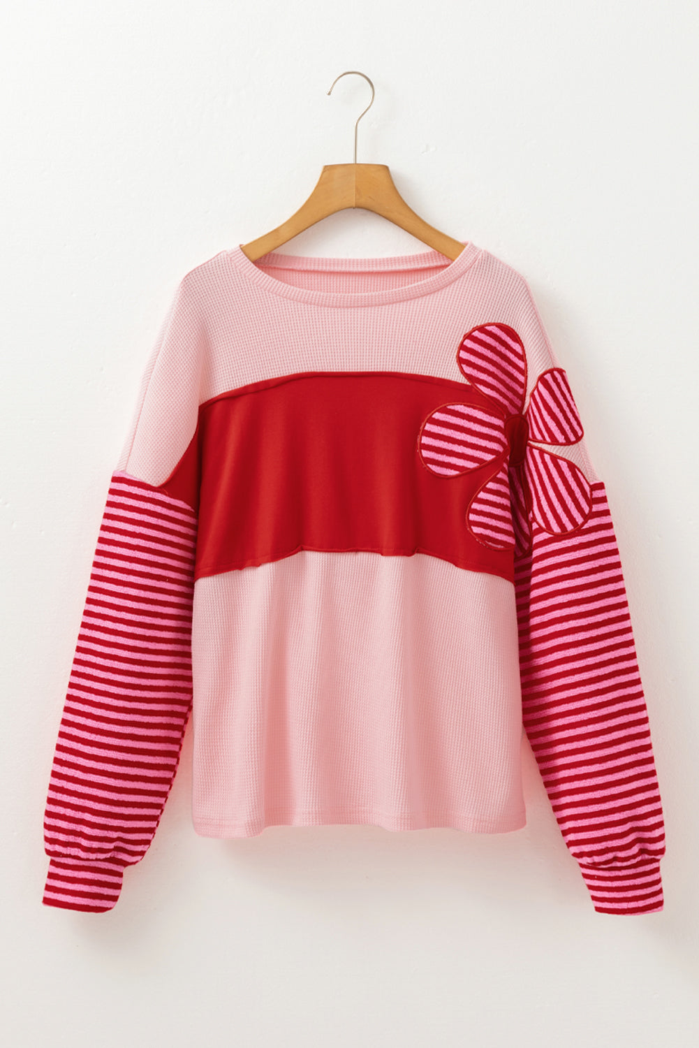 Pink Floral Colorblock Striped Sleeve Crinkle Waffle Patchwork Top