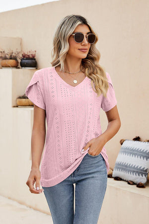 Eyelet Petal Sleeve V-Neck Knit Top - PD SECRET REALM