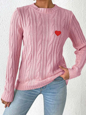 Cable-Knit Heart Round Neck Long Sleeve Sweater - PD SECRET REALM