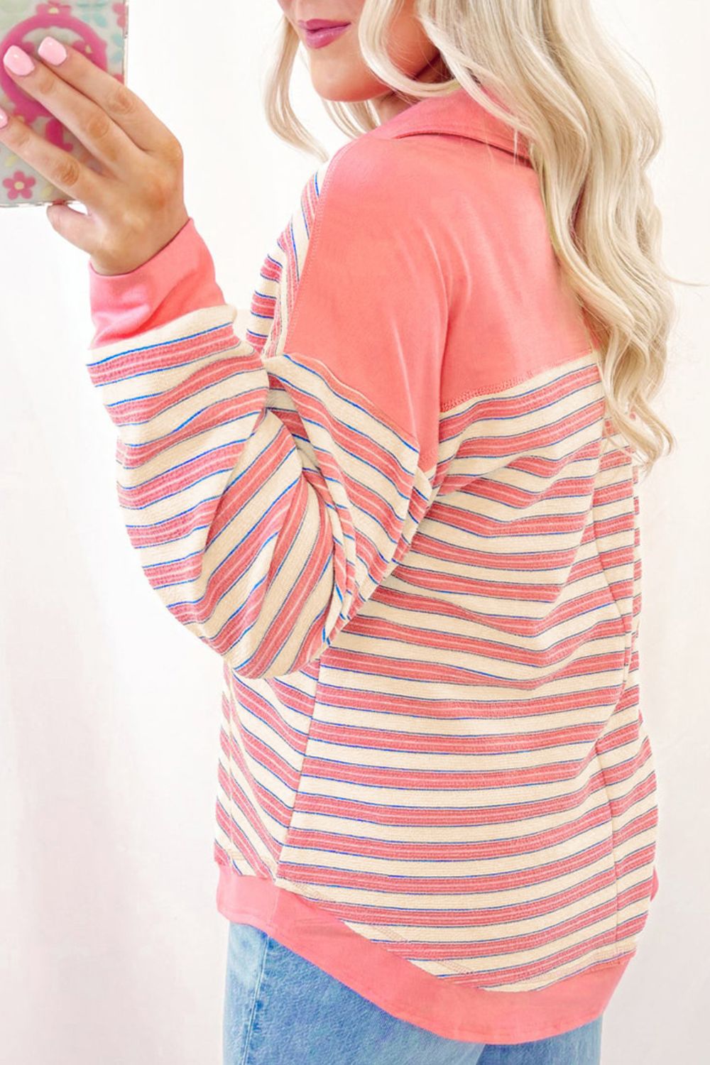 Striped Johnny Collar Long Sleeve Sweatshirt