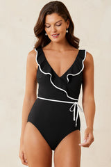 Black Color Contrast Ruffled Wrap V Neck Swimsuit