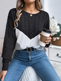 Cable-Knit Color Block Round Neck Sweater - PD SECRET REALM