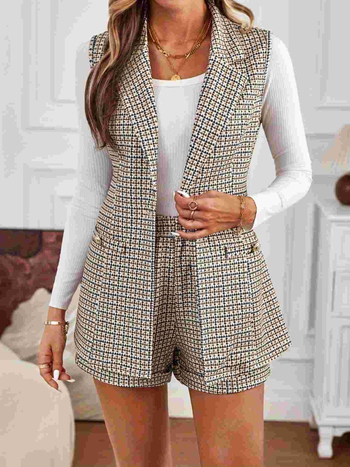 Tied Plaid Collared Neck Vest and Shorts Set - PD SECRET REALM