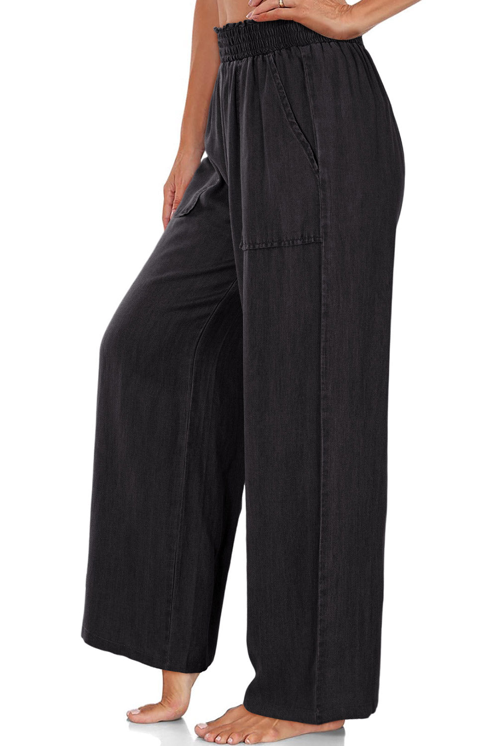 Black Side Pockets Frilled Smocked High Waist Wide Leg Jeans