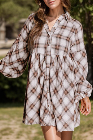 Plaid Long Sleeve Mini Shirt Dress - PD SECRET REALM