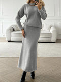 Round Neck Dropped Shoulder Top and Midi Skirt Sweater Set - PD SECRET REALM