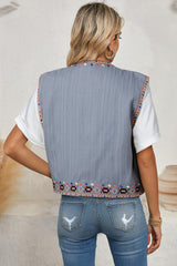 Sky Blue Geometric Embroidered Open Front Vest