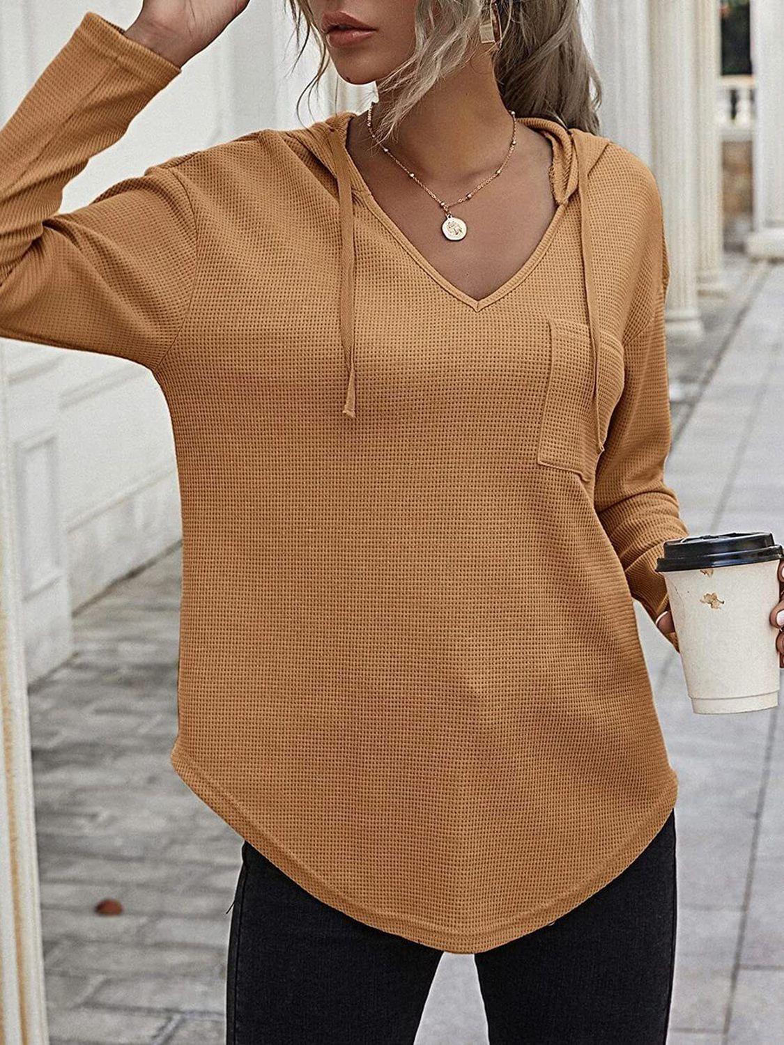 Drawstring Waffle Knit Long Sleeve Hooded Top