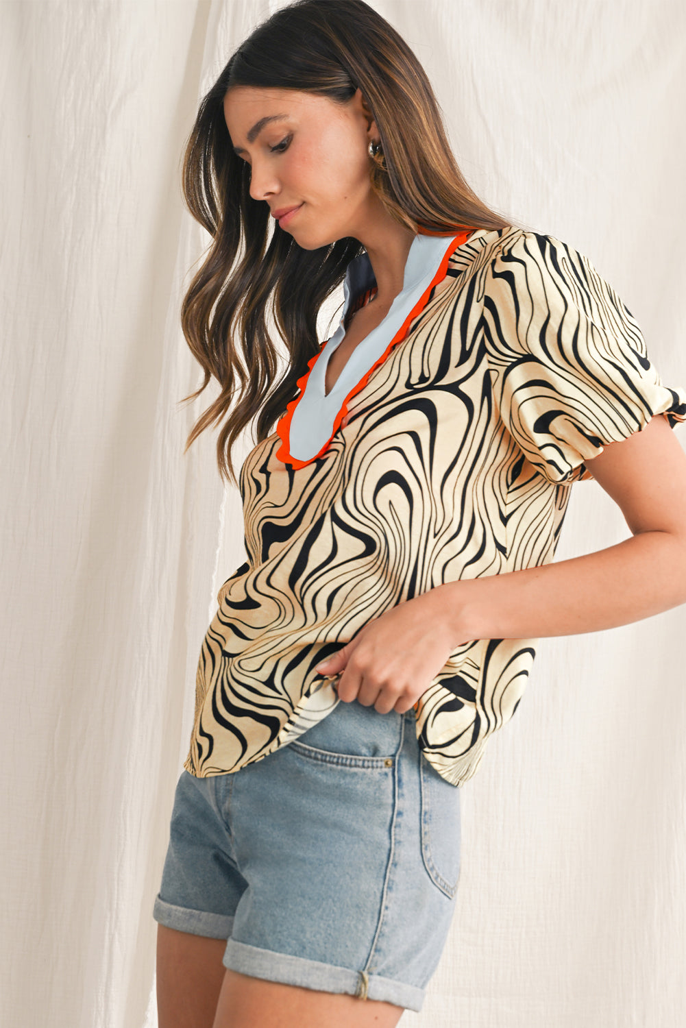 White Zebra Print V-Neck Puff Sleeve Blouse