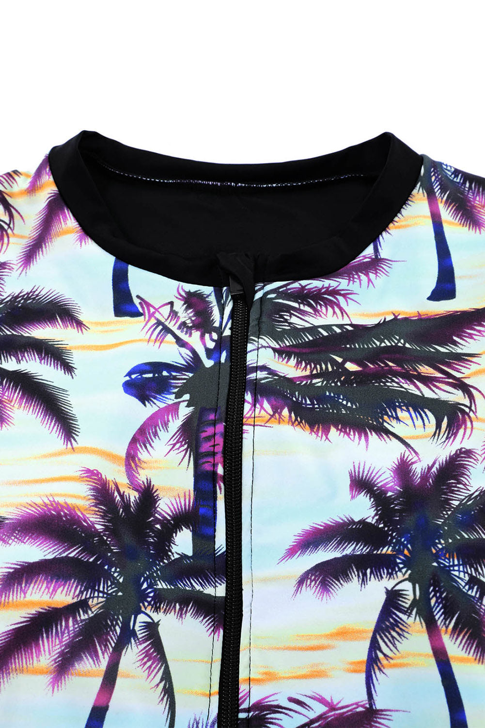 Blue Plant Print Zip Front Half Sleeve One Piece Swimsuit