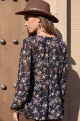 Printed Round Neck Long Sleeve Blouse - PD SECRET REALM