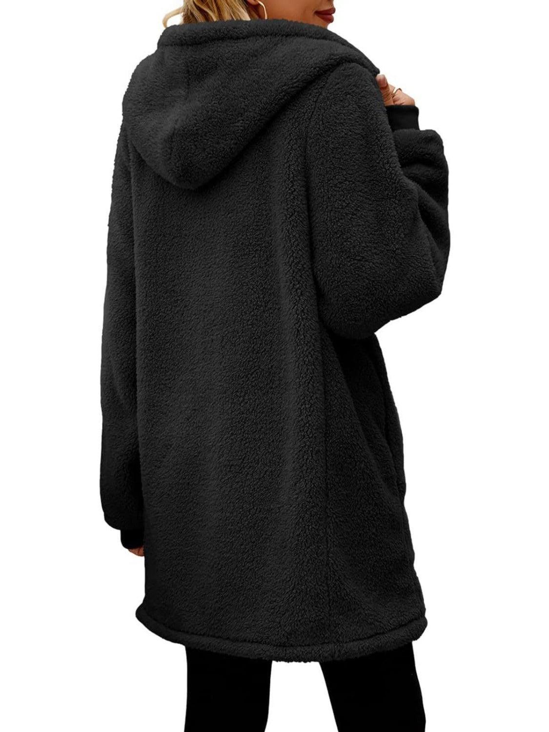 Fuzzy Pocketed Zip Up Long Sleeve Hooded Jacket - PD SECRET REALM