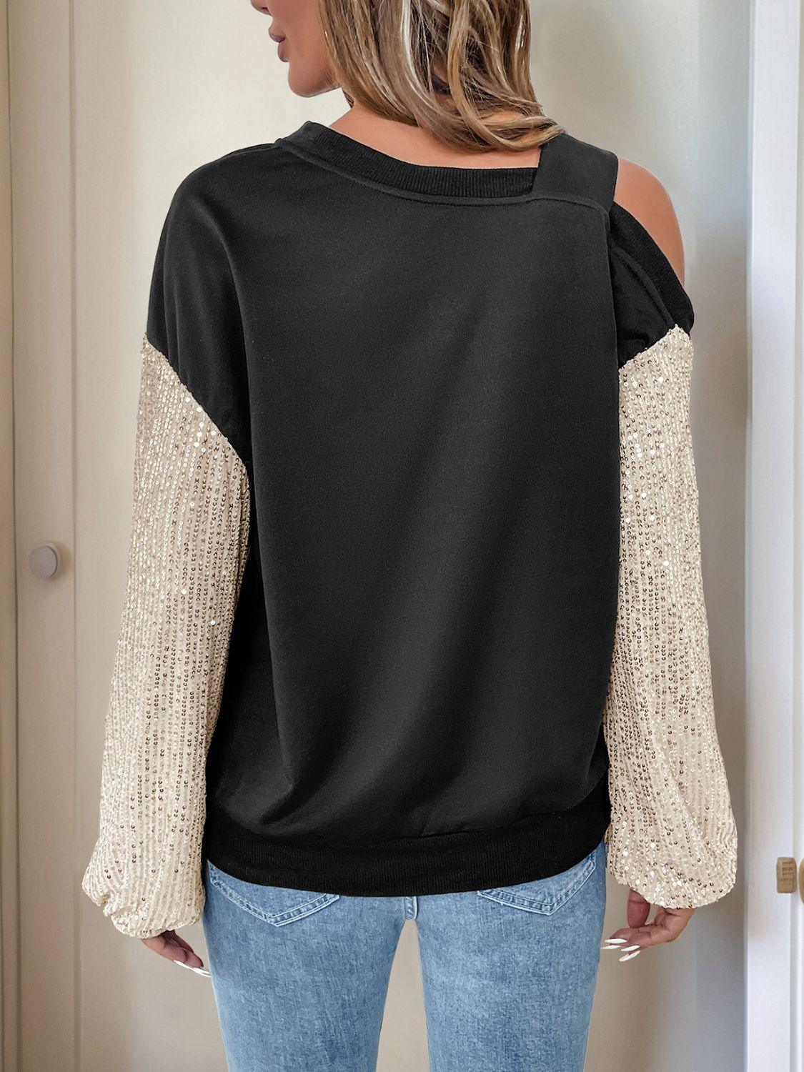 Perfee Sequin Asymmetrical Neck Long Sleeve Sweatshirt - PD SECRET REALM