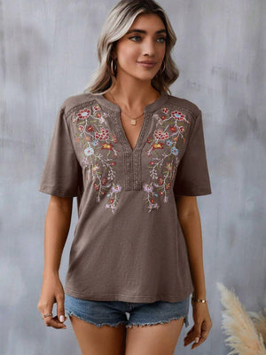 Embroidered Notched Short Sleeve T-Shirt - PD SECRET REALM