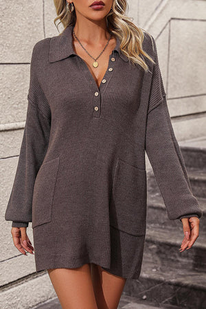 Collared Neck Long Sleeve Sweater Dress with Pockets - PD SECRET REALM