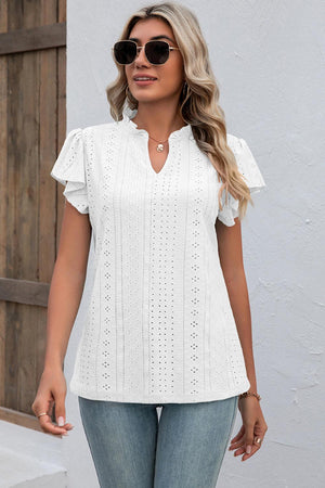 Eyelet Notched Flutter Sleeve T-Shirt - PD SECRET REALM