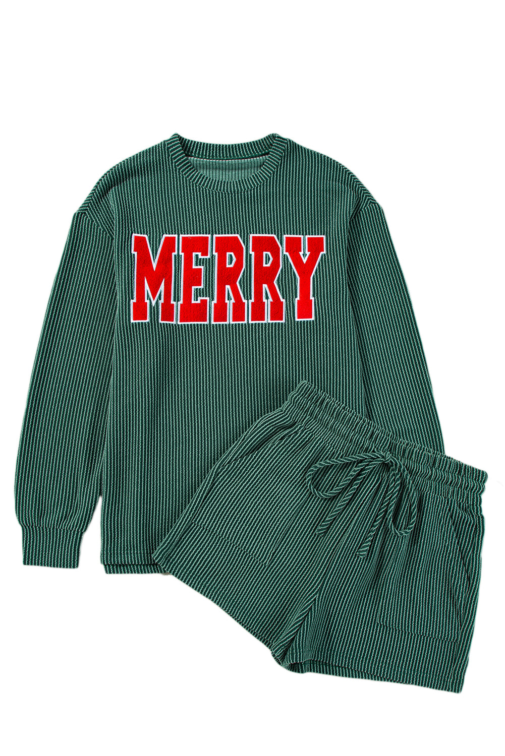 Evergreen Corded MERRY Long Sleeve Top and Shorts Pajama Set