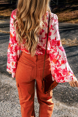 Floral Flare Sleeve Button Up V-Neck Bodysuit