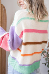 Contrast Striped Round Neck Drop Shoulder Sweater