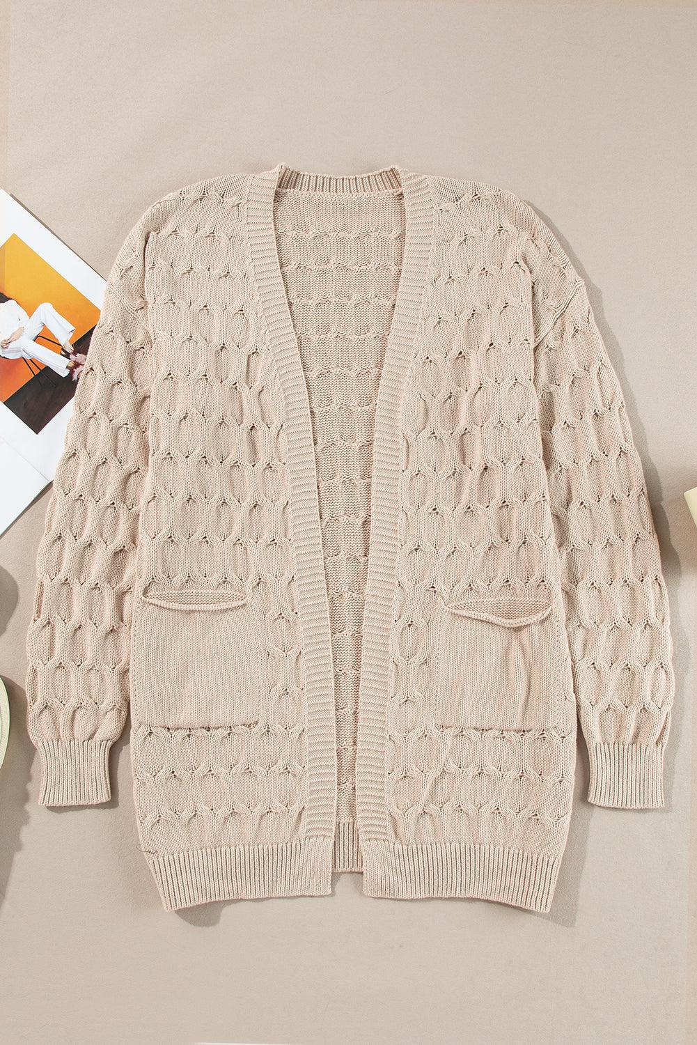 Jet Stream Eyelet Cable Knit Side Pockets Baggy Cardigan