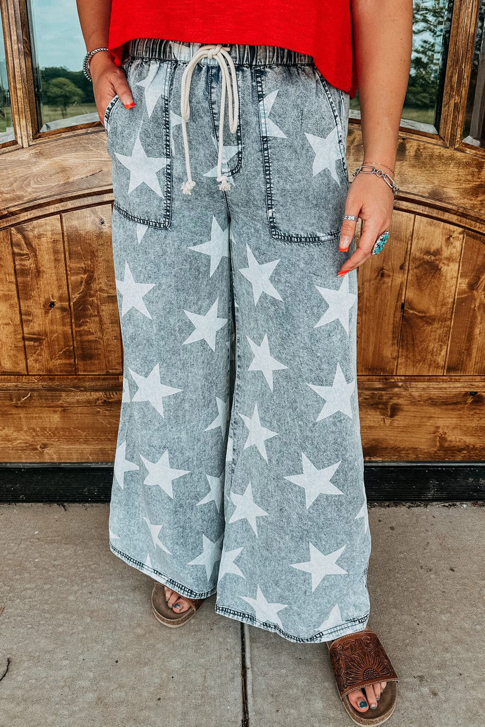 Light Blue Star Print Light Wash Drawstring High Waist Wide Leg Jeans