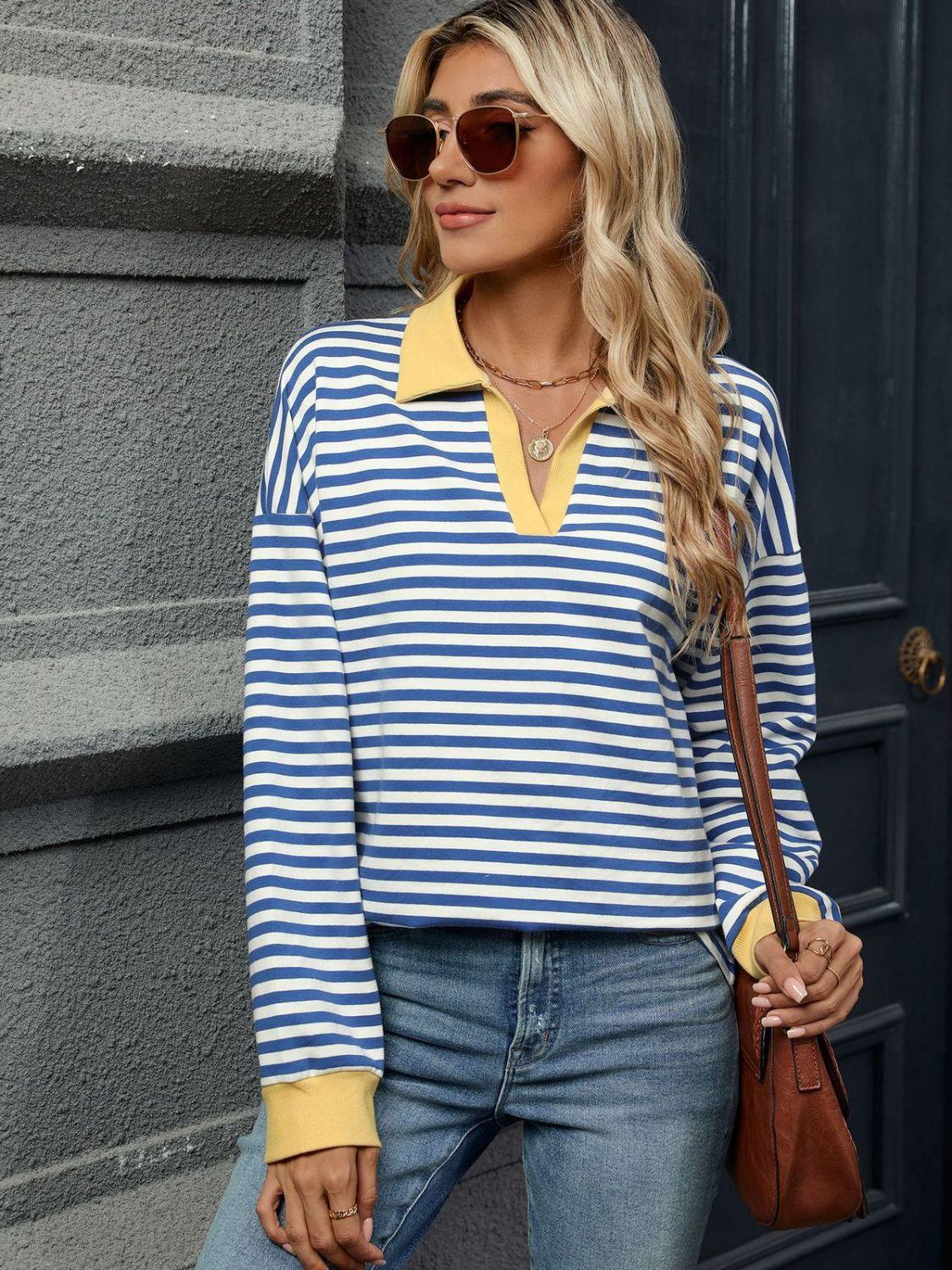 Striped Jnny Collar Long Sleeve Sweatshirt