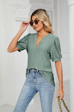 Eyelet Short Puff Sleeve Notched Neck Top - PD SECRET REALM