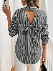 Cutout Bow Back Striped Collared Neck Long Sleeve Shirt