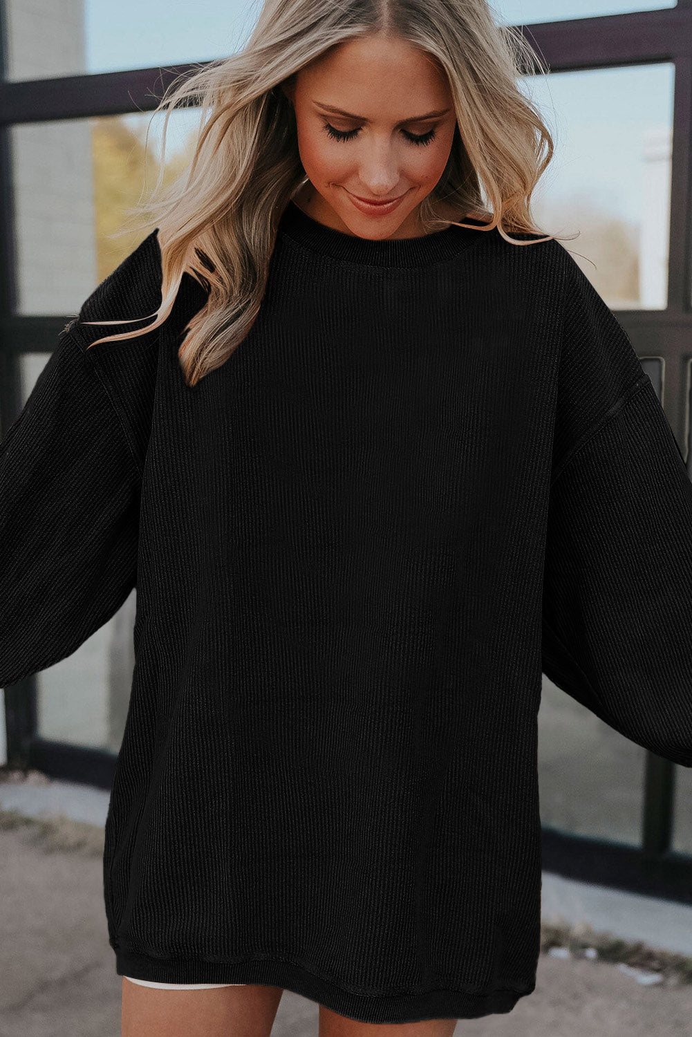 Dark Blue Plain Drop Sleeve Crinkle Rib Oversized Sweatshirt