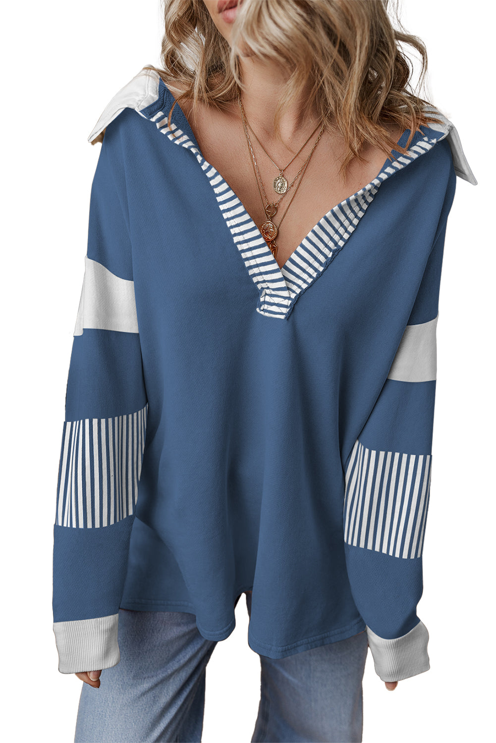 Sail Blue Striped Patchwork Collar Sweatshirt