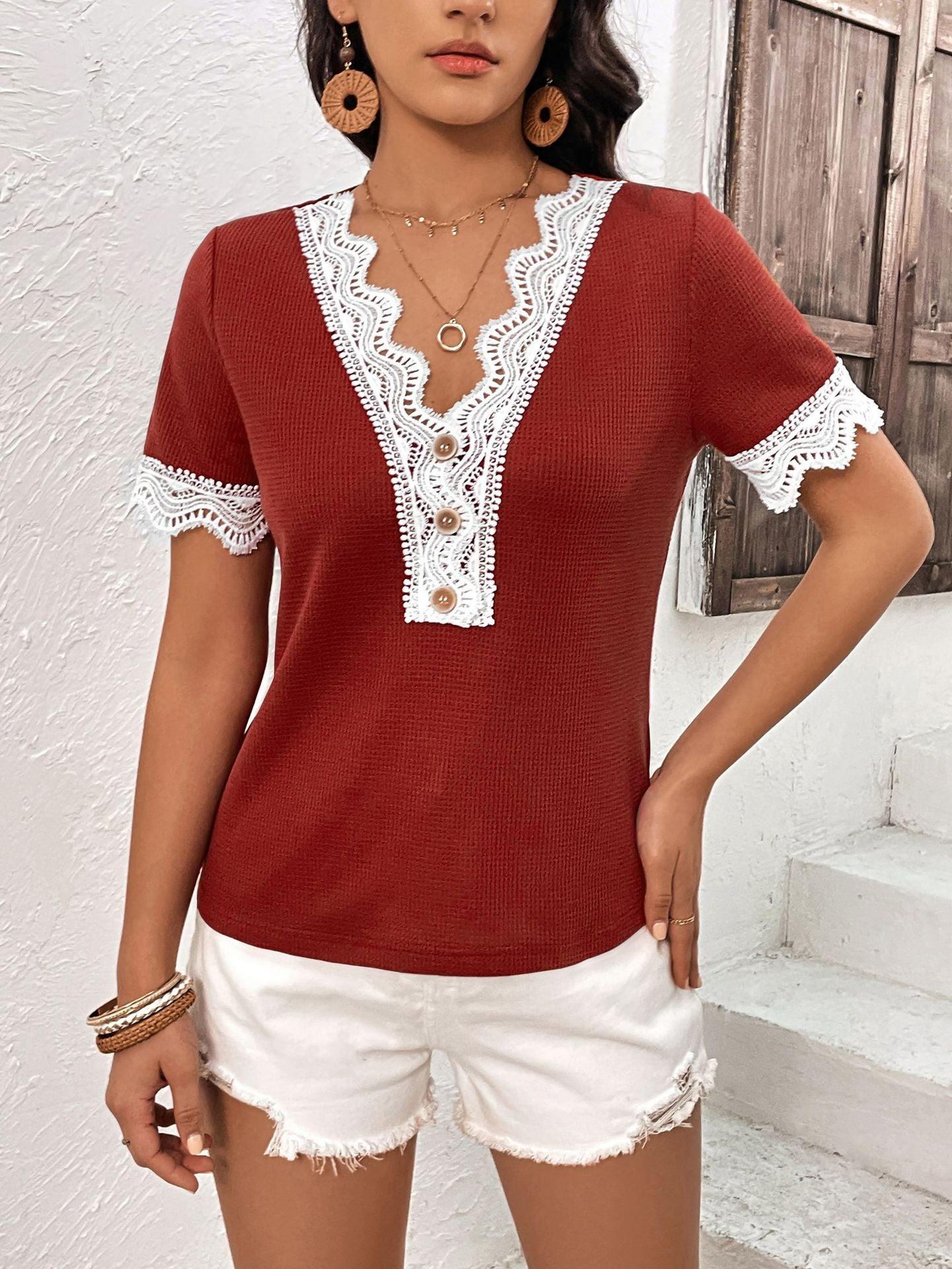 Ivy Lane Decorative Button Spliced Lace Short Sleeve Top