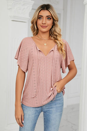 Eyelet Tie-Neck Flutter Sleeve Top - PD SECRET REALM