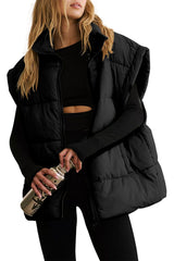 Black Solid Zipper Stand Neck Oversized Puffer Vest