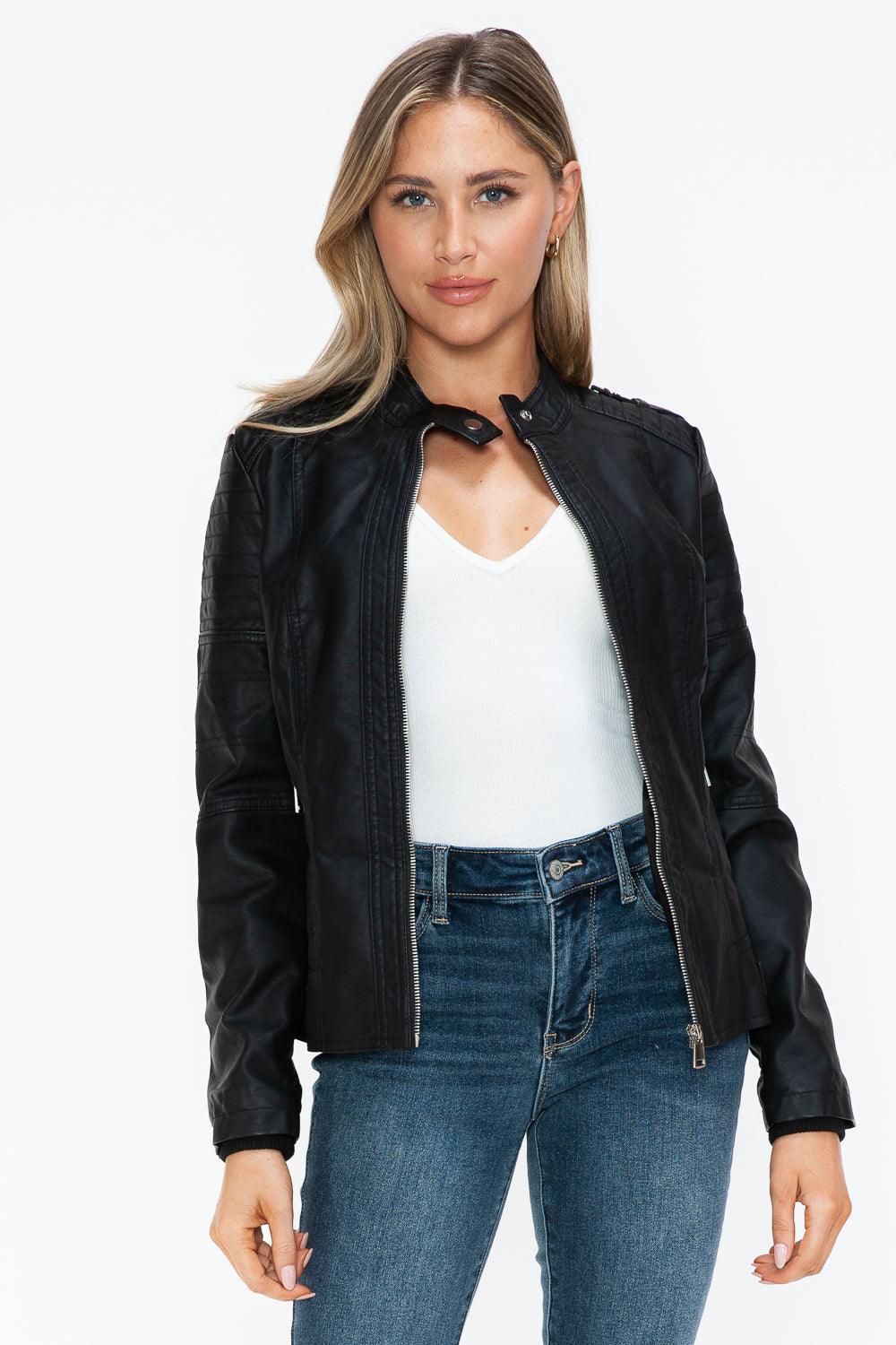 Snobbish PU Leather Biker Jacket with Side Zip Pockets - PD SECRET REALM