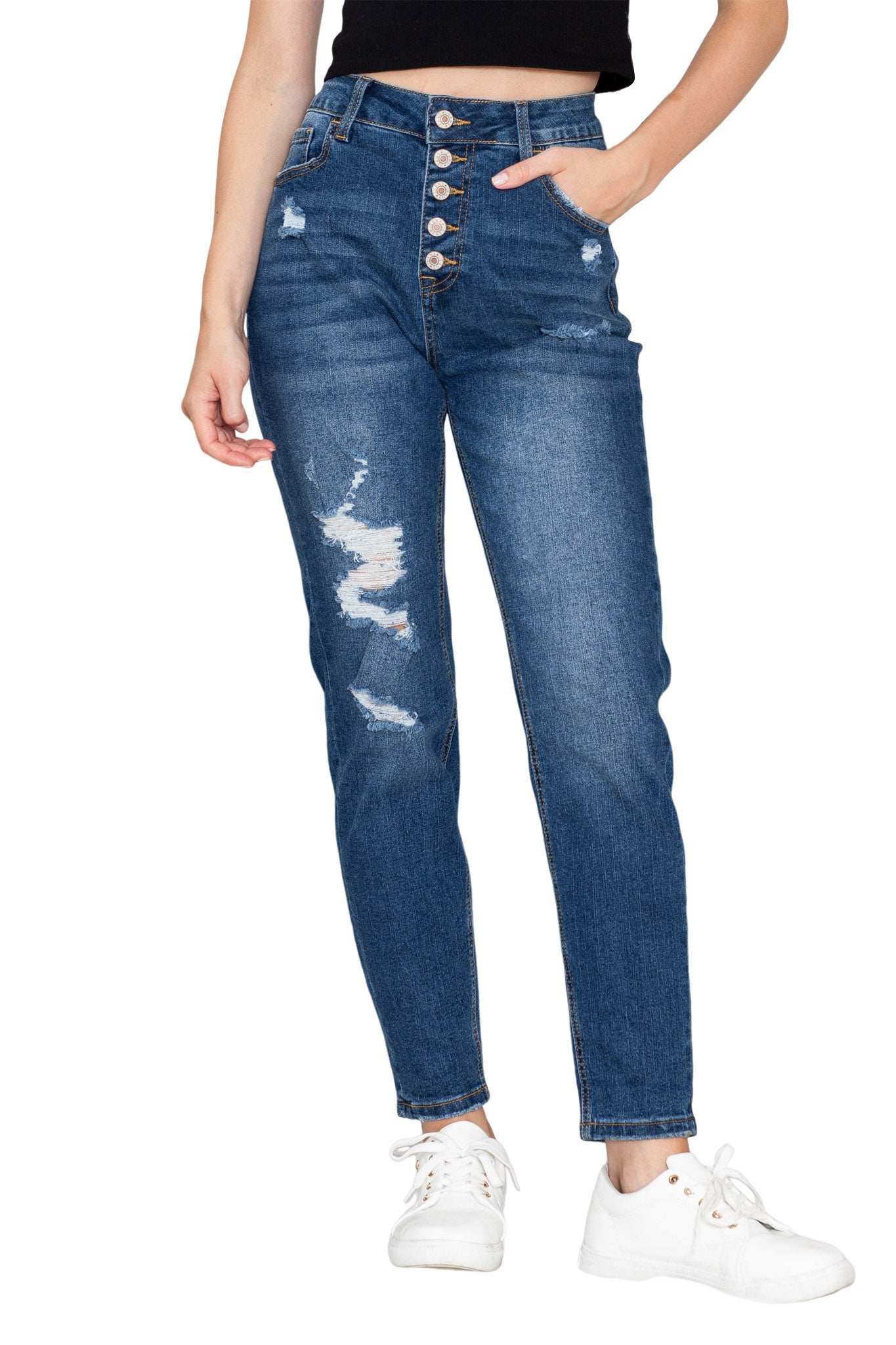 Blue Distressed Button Fly High Waist Skinny Jeans