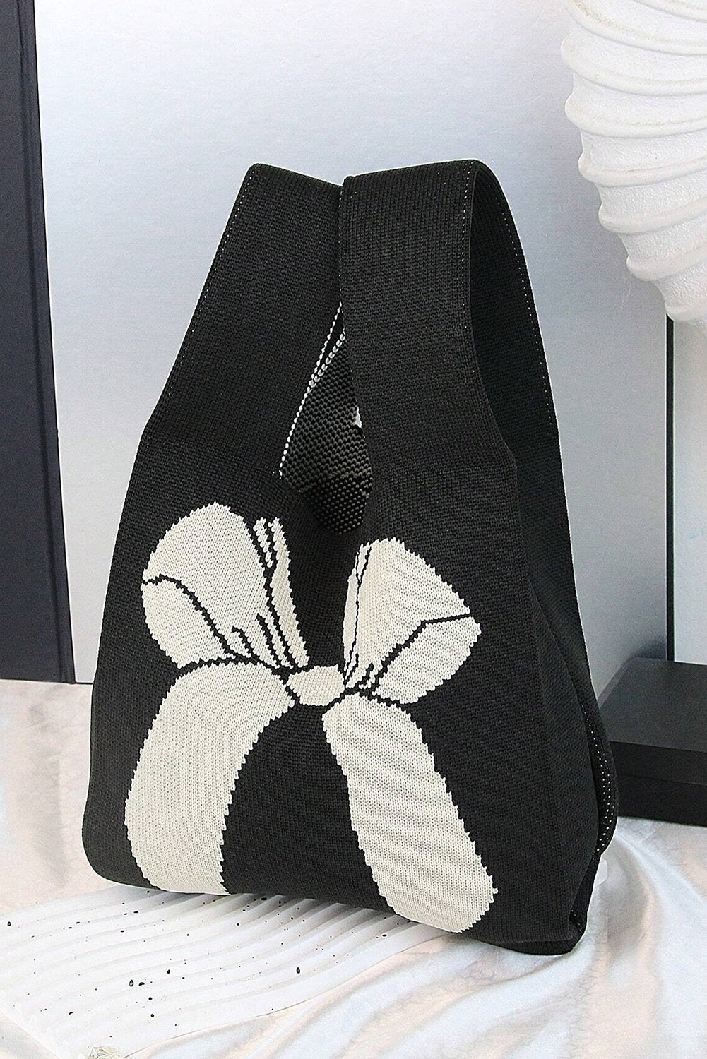 Black Colorblock Bowknot Pattern Knitted Tote Bag