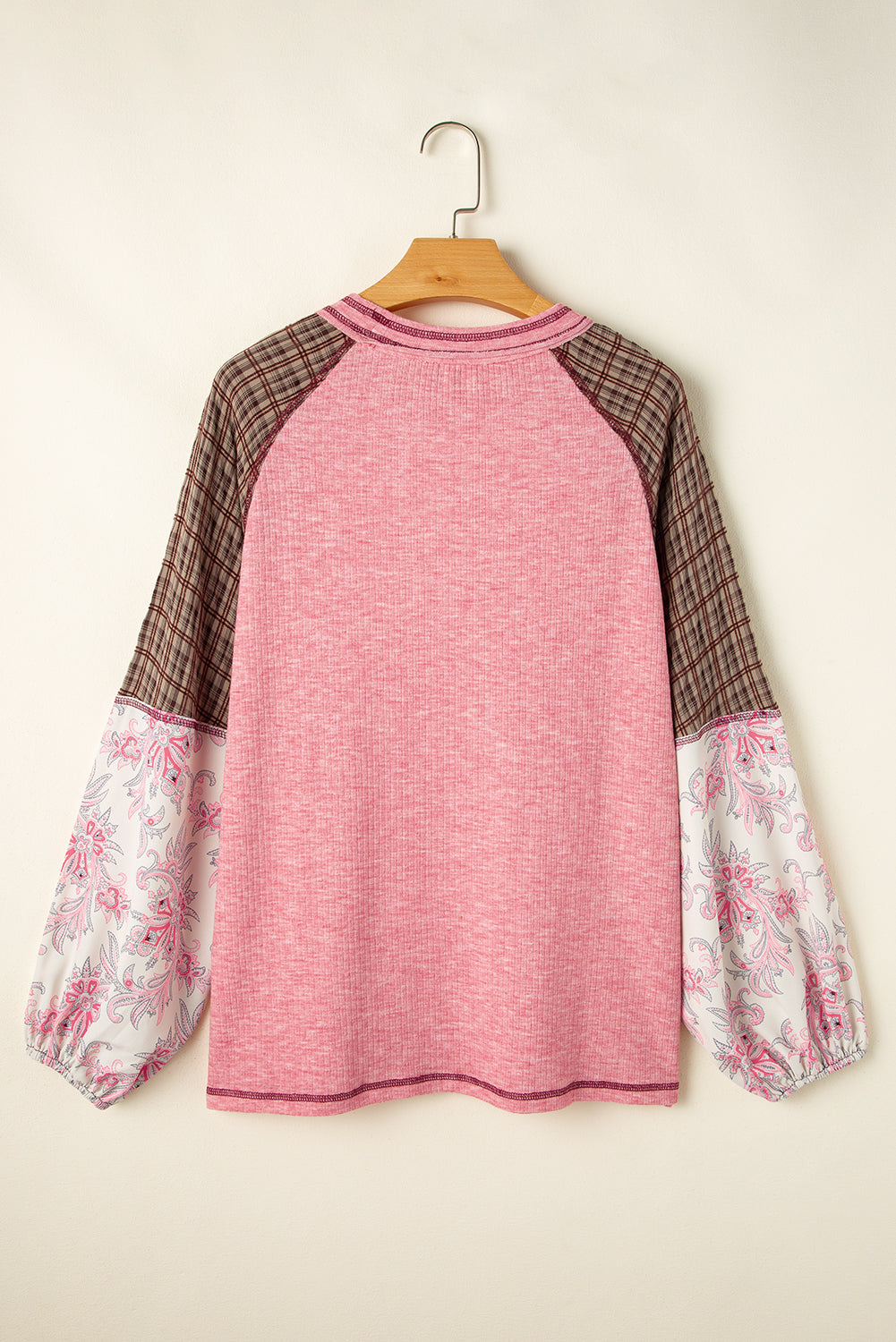 Jet Stream Floral Plaid Mixed Print Patchwork Raglan Ribbed Top