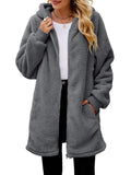 Fuzzy Pocketed Zip Up Long Sleeve Hooded Jacket - PD SECRET REALM