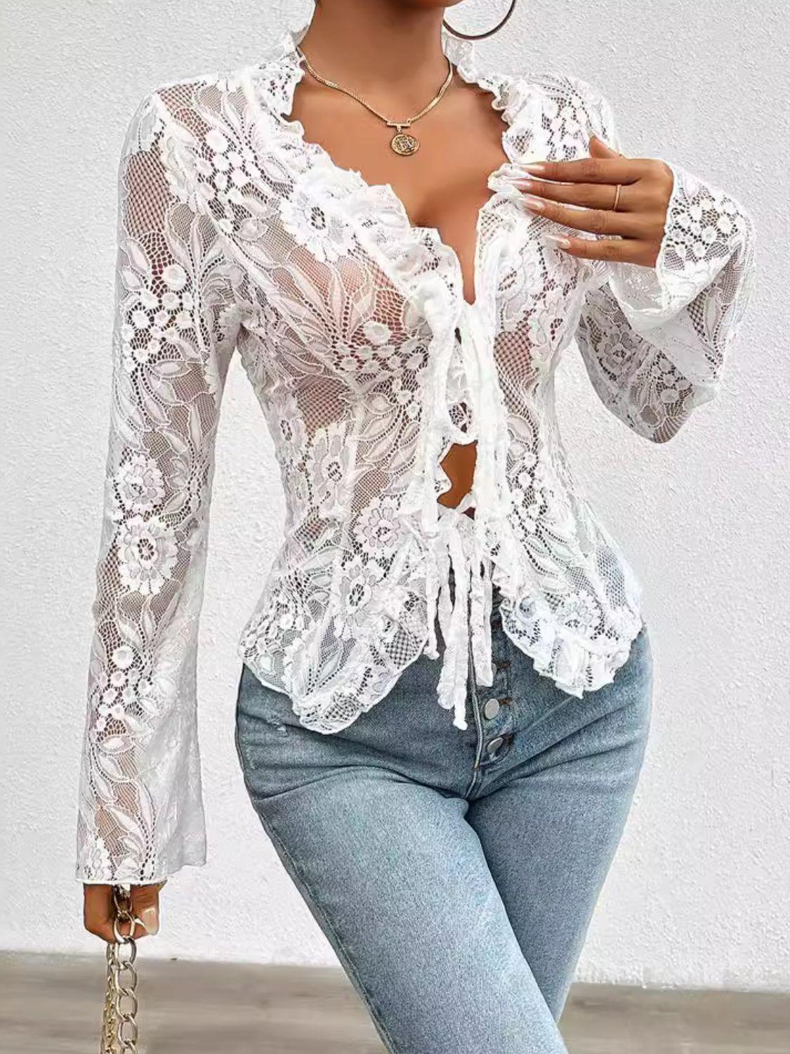 Tied V-Neck Long Sleeve Lace Top - PD SECRET REALM