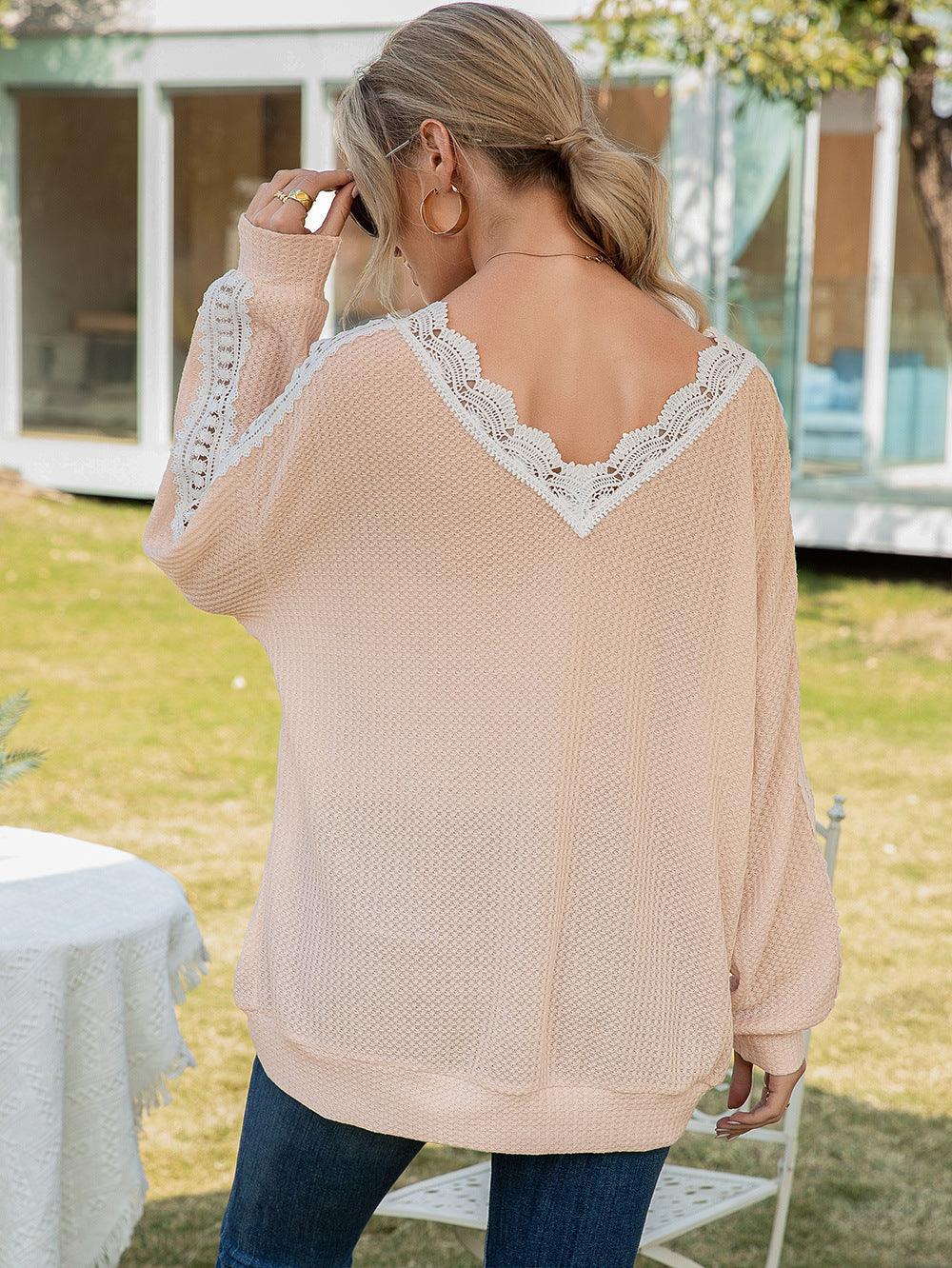 Ivy Lane Contrast Spliced Lace V-Neck Top