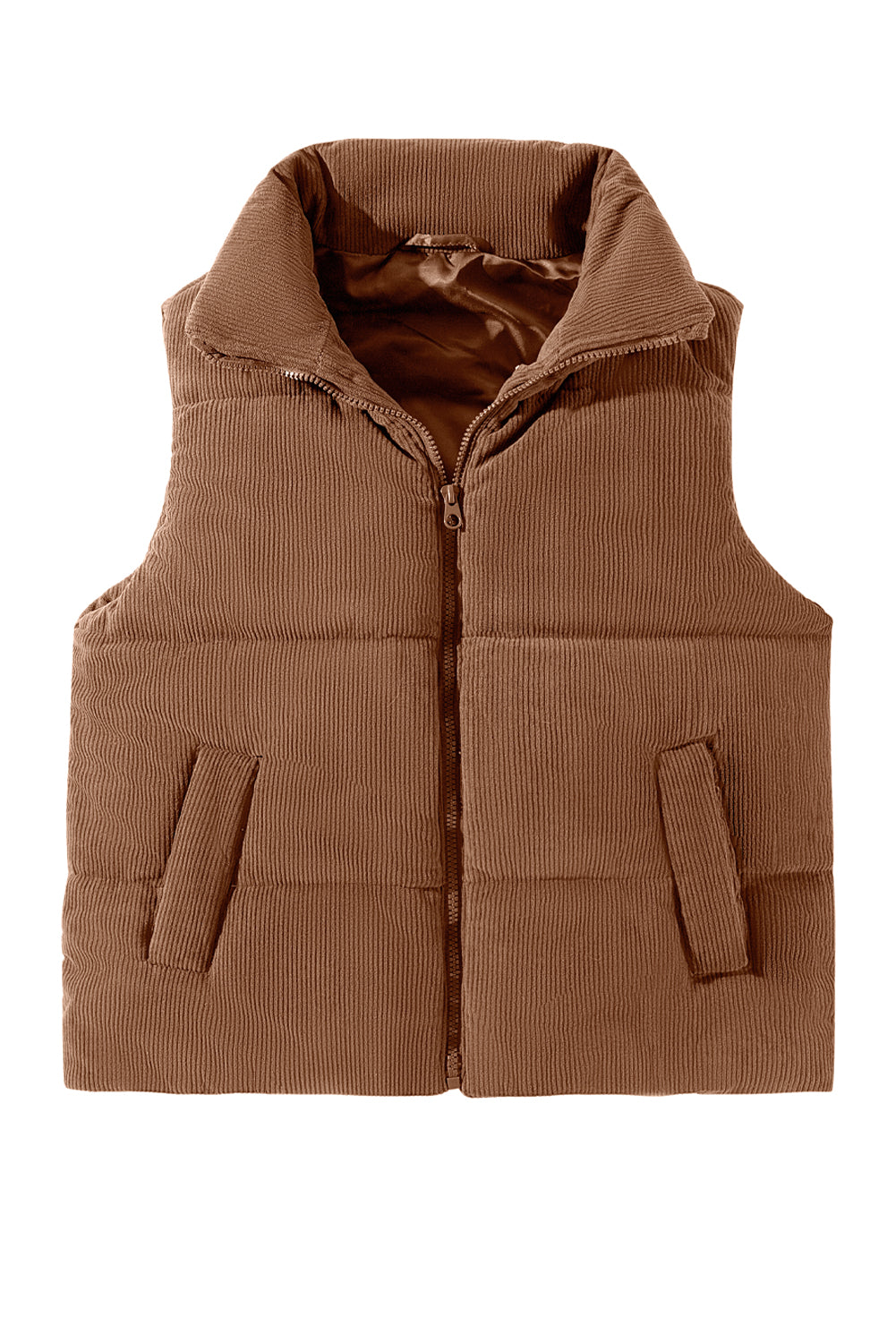 Coffee Solid Color Corduroy Puffer Vest Coat