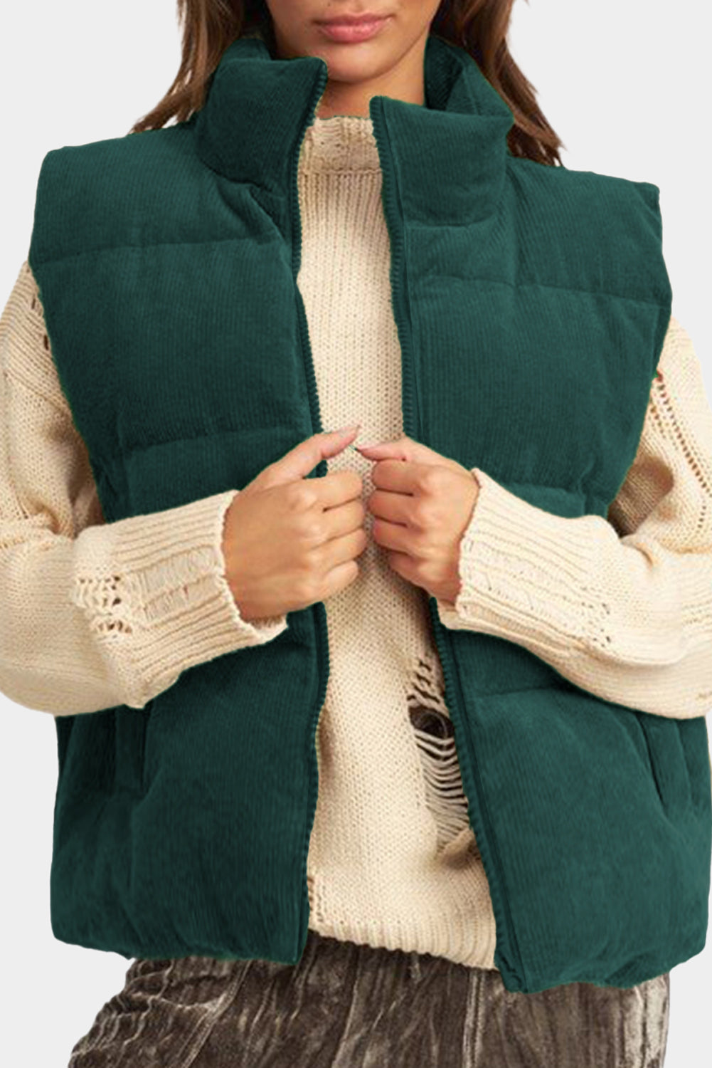 Coffee Solid Color Corduroy Puffer Vest Coat