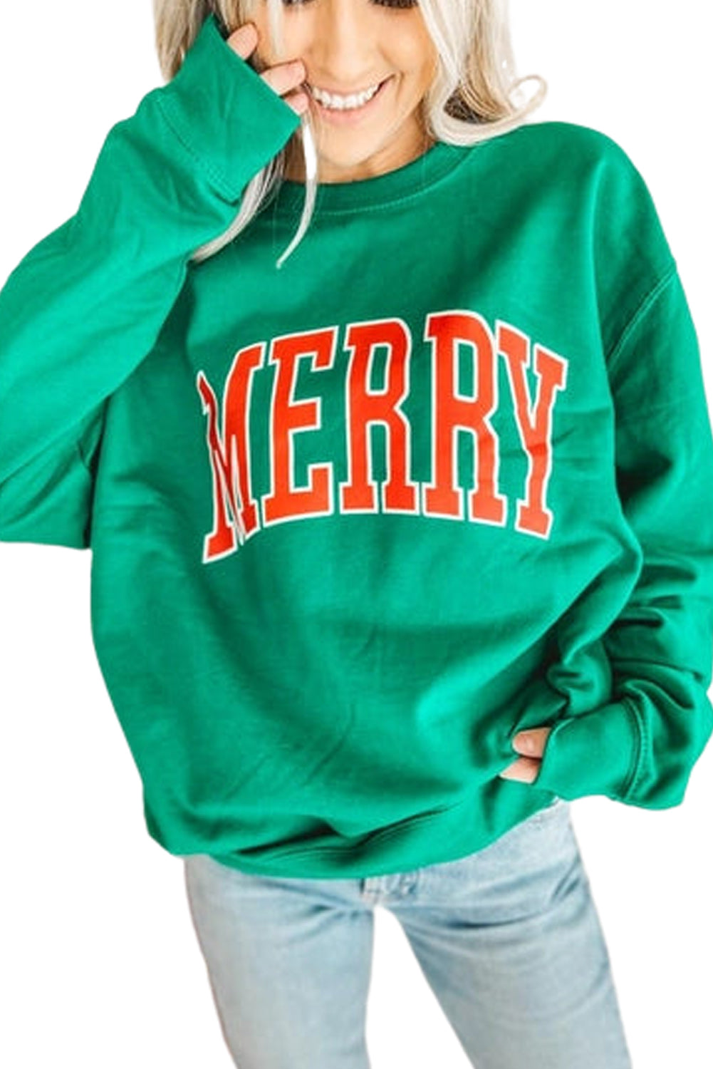 Green MERRY Print Drop Sleeve Pullover Sweatshirt