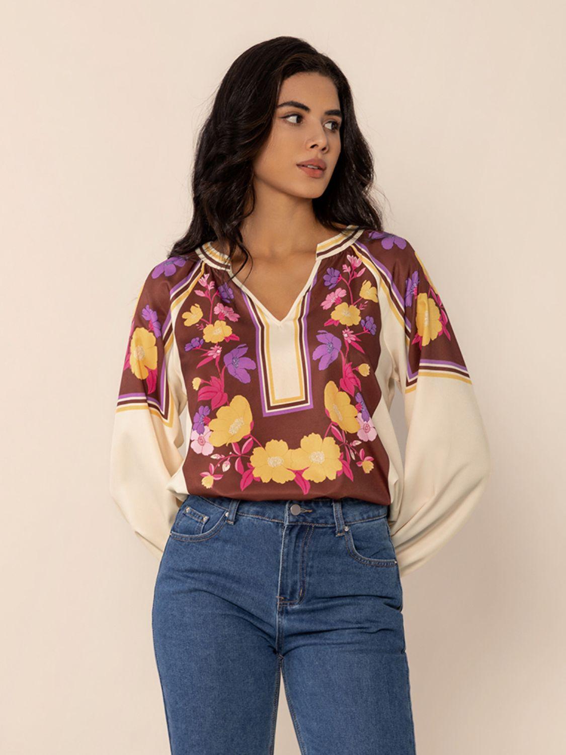 Printed Notched Long Sleeve Blouse - PD SECRET REALM