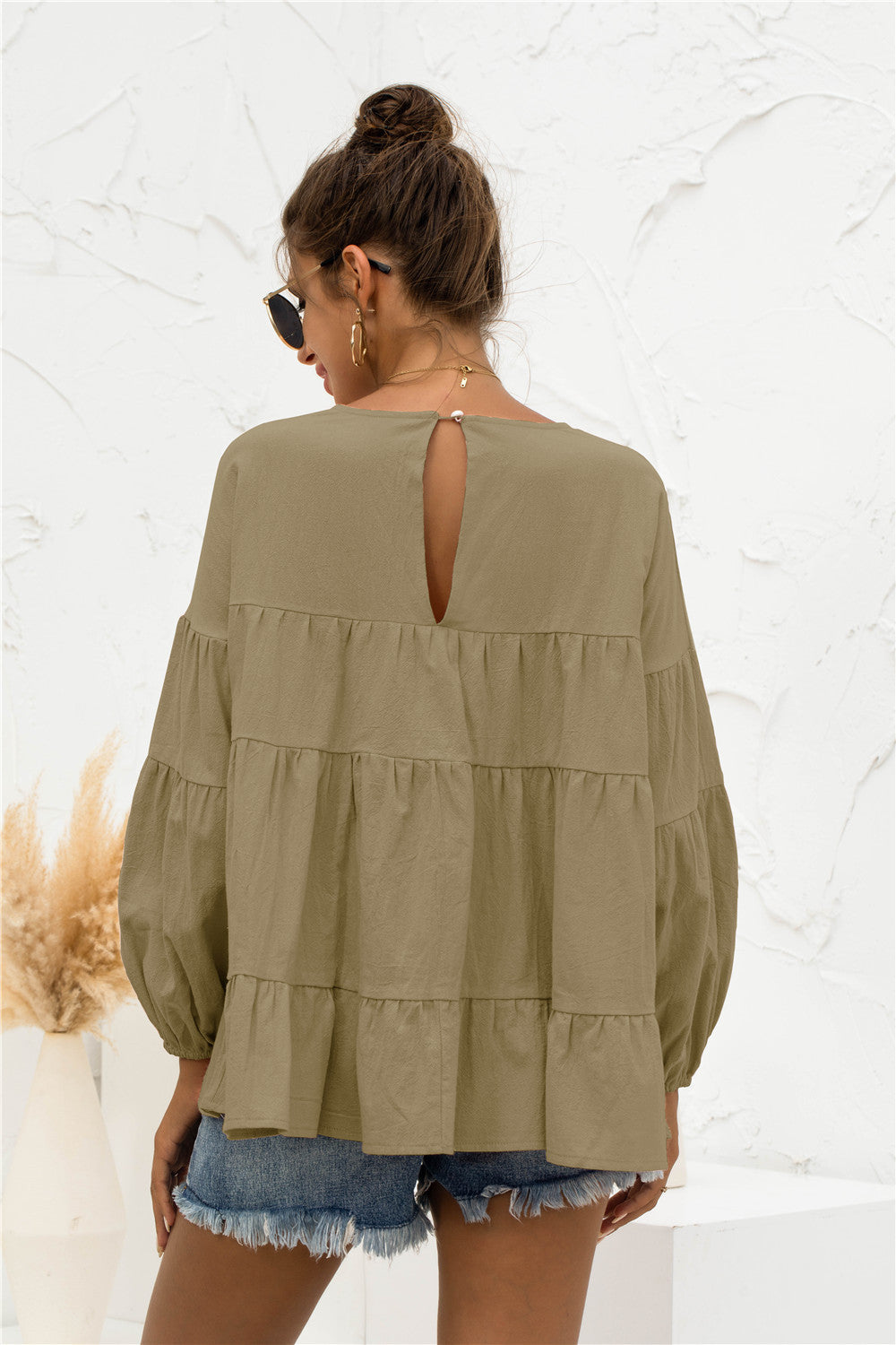 Round Neck Bubble Sleeve Tiered Blouse