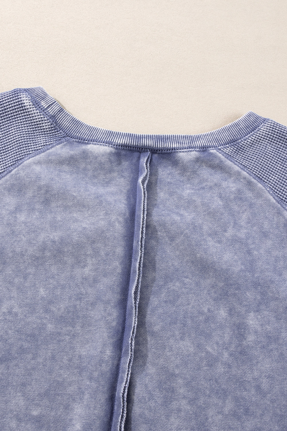 Mineral Blue Waffle Patchwork Raglan Sleeve Exposed Seam Sweatshirt